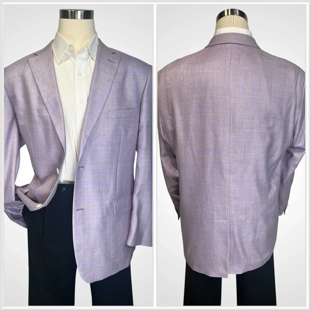 Paul Fredrick Blazer 50R Purple Lavender Camel Gold Plaid Herringbone Silk Wool